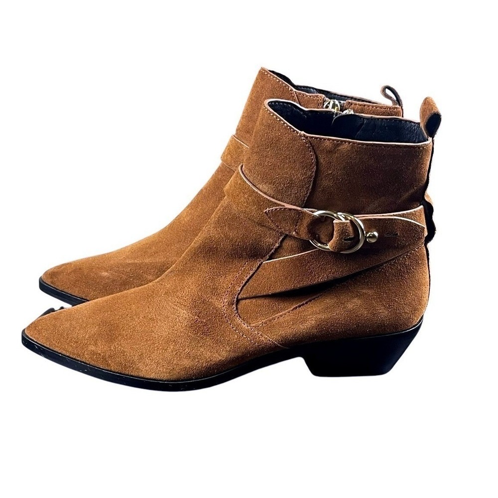 Rebecca Minkoff Suede Ankle Boots Women 8.5M Brown Good Western Buckle Pointed - Picture 2 of 15